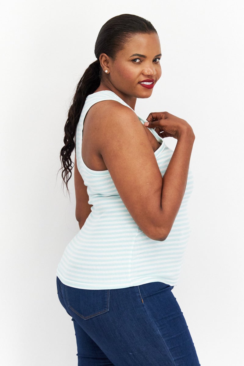 VERO MODA Women Round Neck Sleeveless Stripe Tank Top, White Combo - Image 3