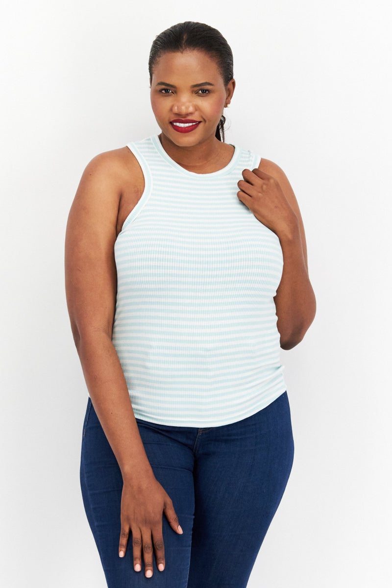 VERO MODA Women Round Neck Sleeveless Stripe Tank Top, White Combo - Image 1