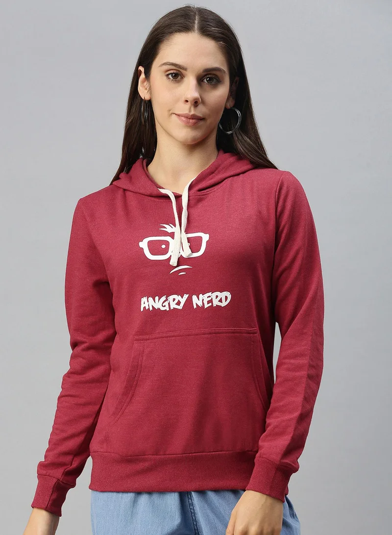 Campus Sutra Women's Rose Red Angry-Nerd Print Pullover Hoodie