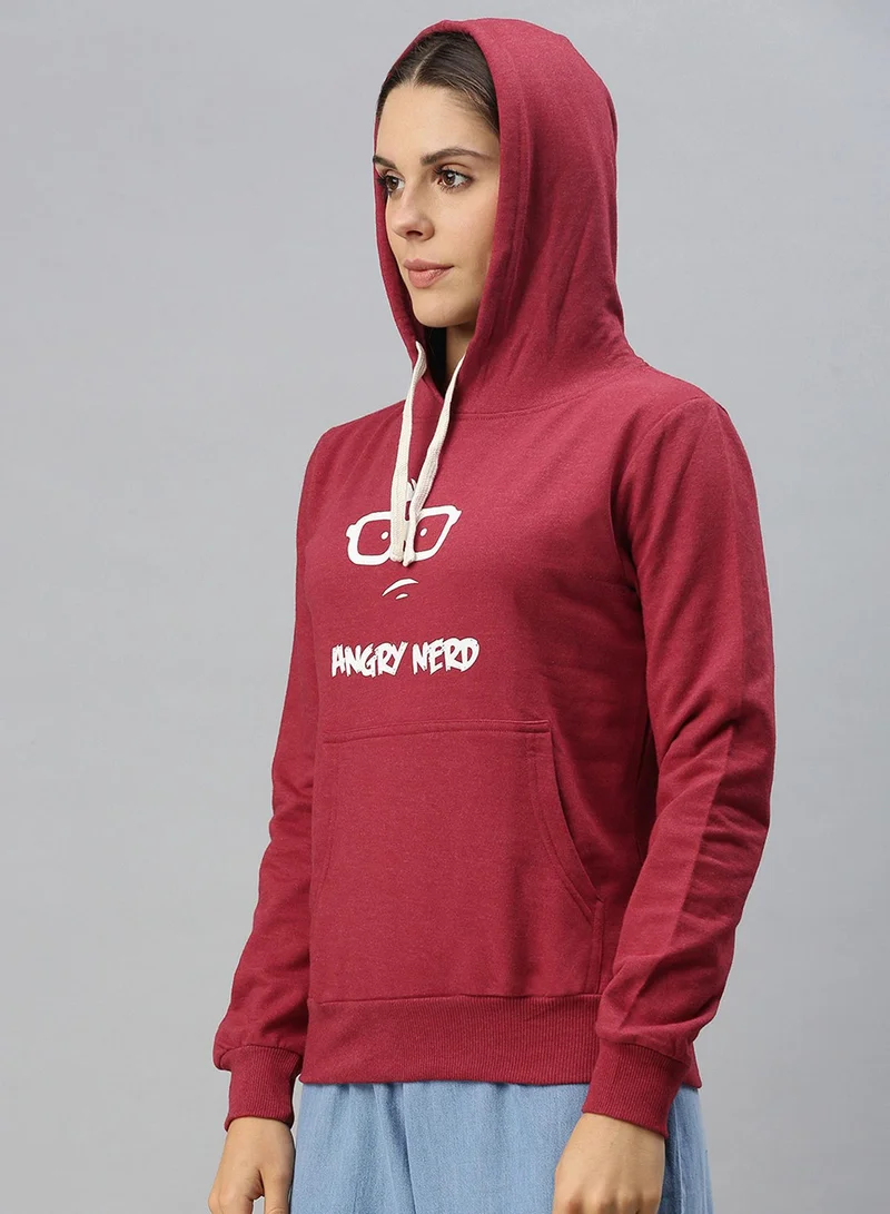 Campus Sutra Women's Rose Red Angry-Nerd Print Pullover Hoodie