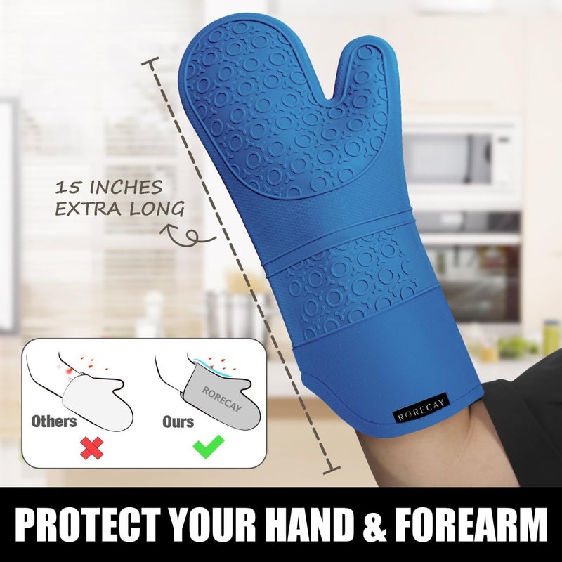 Rorecay Extra Long Oven Mitts and Pot Holders Sets: Heat Resistant Silicone Oven Mittens with Mini Oven Gloves and Hot Pads Potholders for Kitchen Baking Cooking, Quilted Liner, Pack of 6 (RoyalBlue) - Image 2