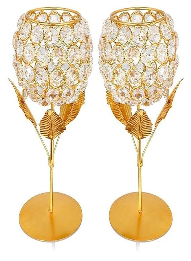 Larko India Gold Plated Crystal Candle Holder Tea Light Stand Votive | Decorative Tealight Holders for Home Office Living Room Indoor Garden Dining Centerpiece Decoration (Pack of 2) - Image 1