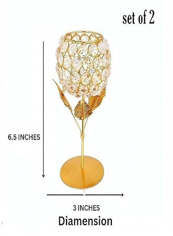 Larko India Gold Plated Crystal Candle Holder Tea Light Stand Votive | Decorative Tealight Holders for Home Office Living Room Indoor Garden Dining Centerpiece Decoration (Pack of 2) - Image 2