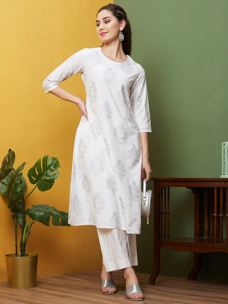 globus Women White Floral Printed Round Neck Straight Kurta With Trouser