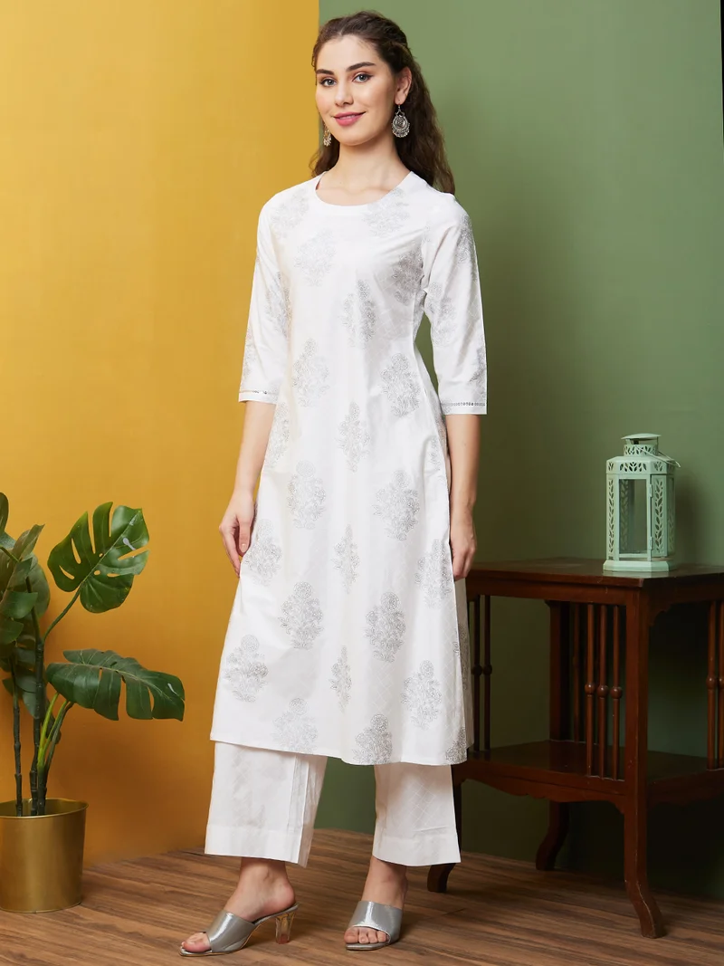 globus Women White Floral Printed Round Neck Straight Kurta With Trouser