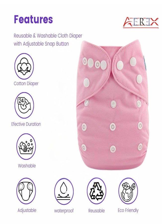 AEREX Premium Reusable Baby Cotton Cloth Diapers For 0 to 3 Years With 2 Black Insert Pads | Leak Proof Washable Diapers For New Born Babies | Adjustable Pocket Cloth Diaper Nappies (Pink) - Image 3