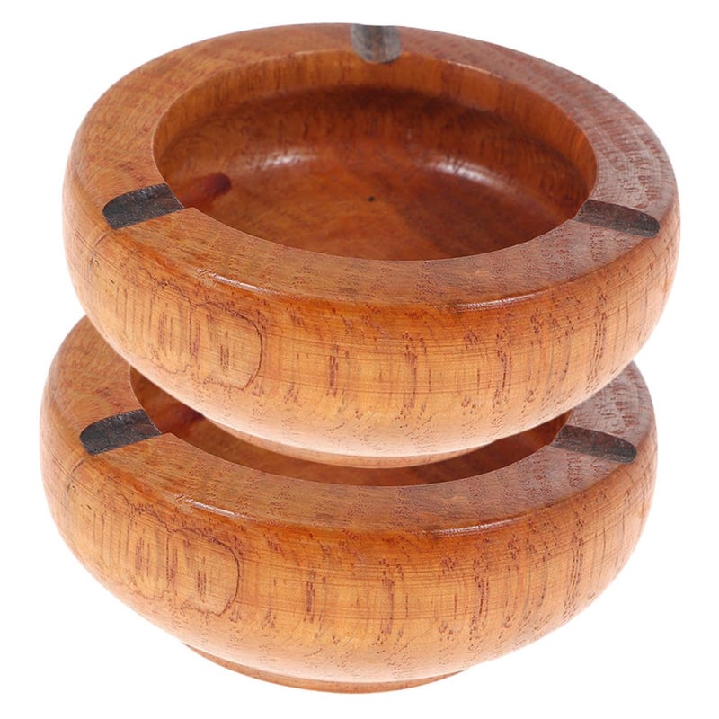 Wooden Round Ashtray 2 Pieces 10X3 5Cm Retro Desktop Tray for Living Room Office Tabletop Smoking Accessory - Image 2