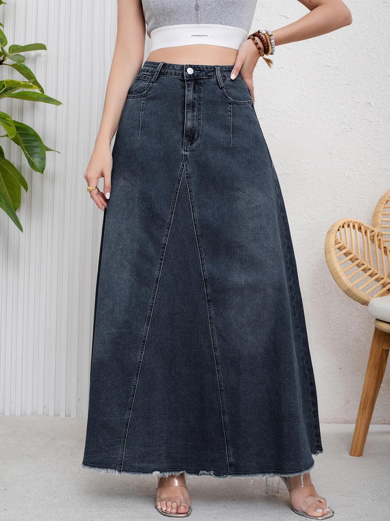 ebossy Women's Retro Distressed High Waist Frayed Hem A Line Wash Maxi Long Denim Skirt with Pockets (S, Retro Blue) - Image 2