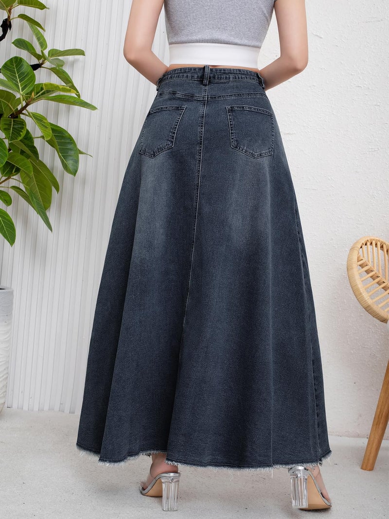 ebossy Women's Retro Distressed High Waist Frayed Hem A Line Wash Maxi Long Denim Skirt with Pockets (S, Retro Blue) - Image 3