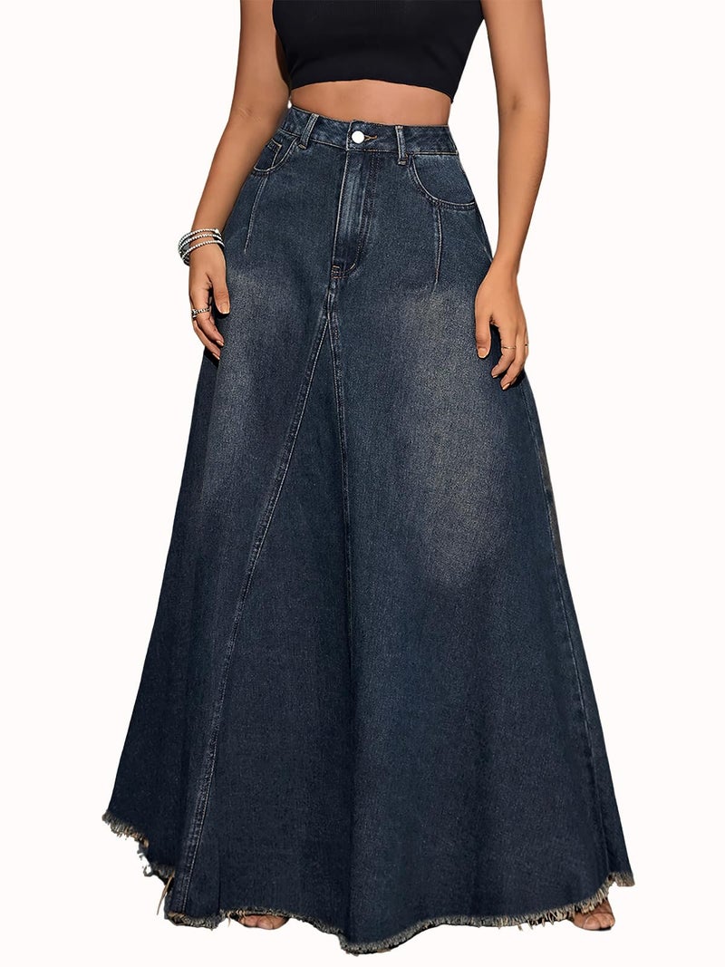 ebossy Women's Retro Distressed High Waist Frayed Hem A Line Wash Maxi Long Denim Skirt with Pockets (S, Retro Blue) - Image 1