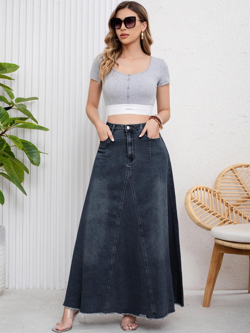 ebossy Women's Retro Distressed High Waist Frayed Hem A Line Wash Maxi Long Denim Skirt with Pockets (S, Retro Blue) - Image 4