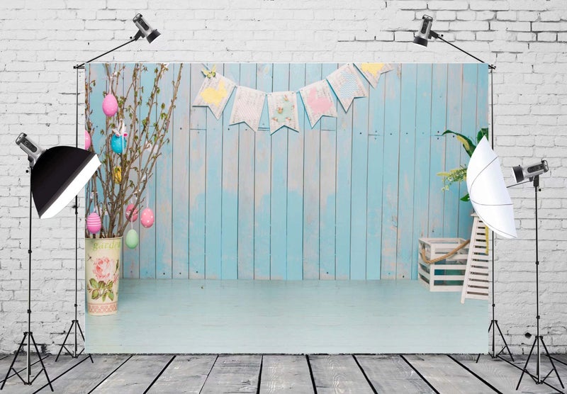 BELECO 7x5ft Fabric Blue Easter Backdrop - Wooden Wall & Floor Room Interior Decor for Photography, Kids & Baby Newborn Photoshoot, Party Props - Image 4