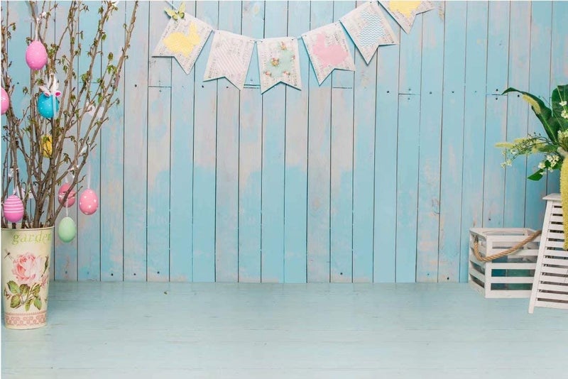BELECO 7x5ft Fabric Blue Easter Backdrop - Wooden Wall & Floor Room Interior Decor for Photography, Kids & Baby Newborn Photoshoot, Party Props - Image 1