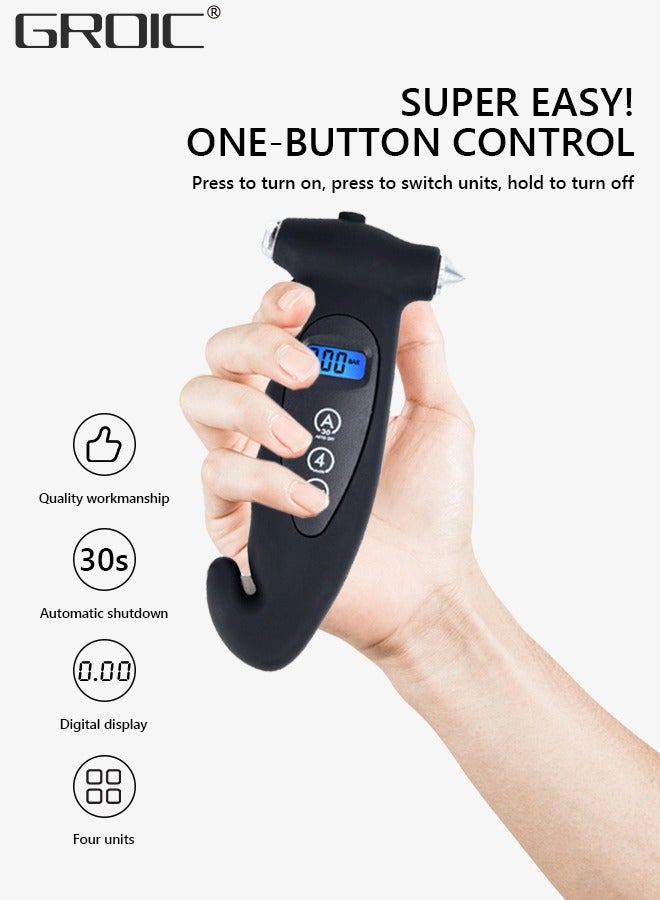 GROIC Digital Tire Pressure Gauge with Safety Hammer, 150 PSI 4 Settings Stocking Stuffers TPMS Tire Pressure Monitor System for Car Truck Bicycle Backlit LCD Non-Slip Grip Car Accessories, Black  - Image 3