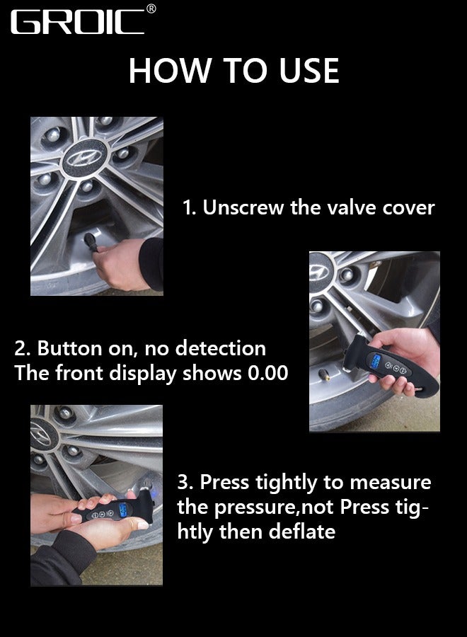 GROIC Digital Tire Pressure Gauge with Safety Hammer, 150 PSI 4 Settings Stocking Stuffers TPMS Tire Pressure Monitor System for Car Truck Bicycle Backlit LCD Non-Slip Grip Car Accessories, Black  - Image 5