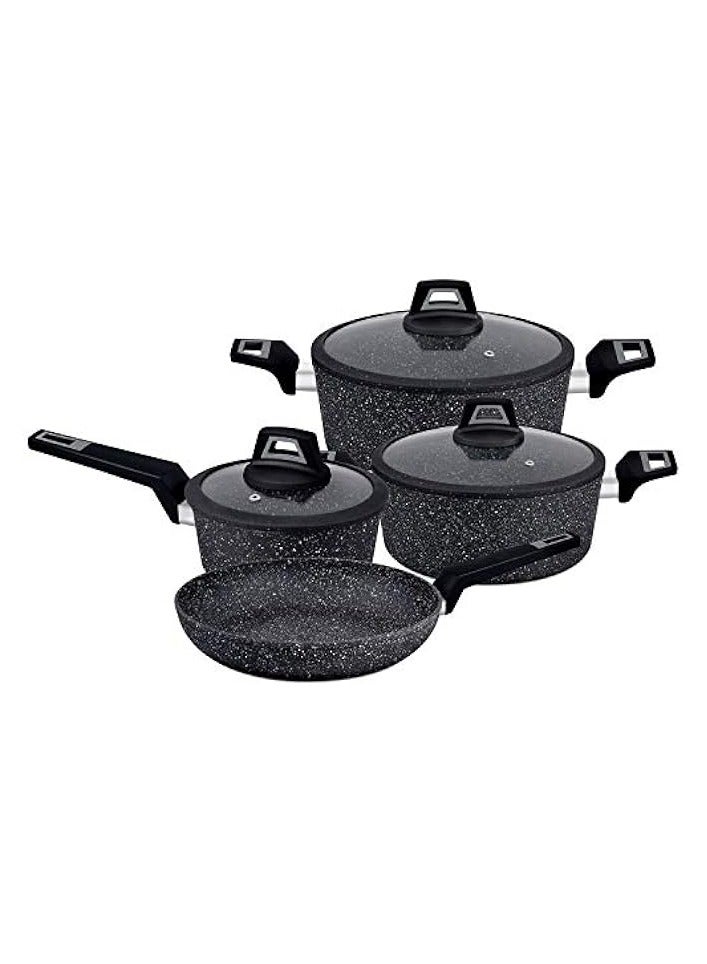 Green Tiger Aluminium Cookware Set, 7 Pieces, Black, RF9557, Scratch Resistant, Tempered Glass Lids, 2.5MM Body Thickness, Bakelite Knobs, and CD Bottom - Image 1