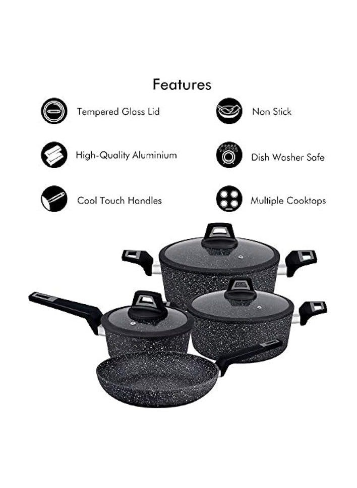 Green Tiger Aluminium Cookware Set, 7 Pieces, Black, RF9557, Scratch Resistant, Tempered Glass Lids, 2.5MM Body Thickness, Bakelite Knobs, and CD Bottom - Image 2