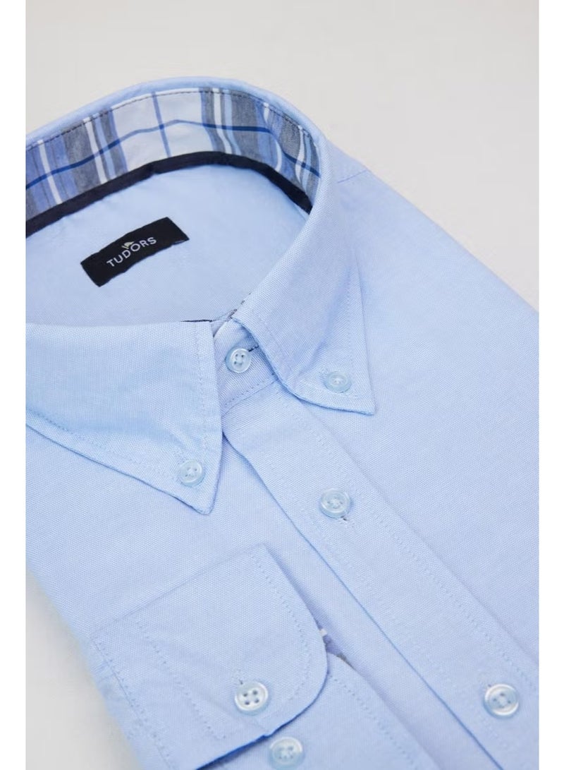 Tudors Men's Large Size Comfortable Cut Cotton Easy-Iron Button Collar Plain Blue Sports Shirt - Image 1