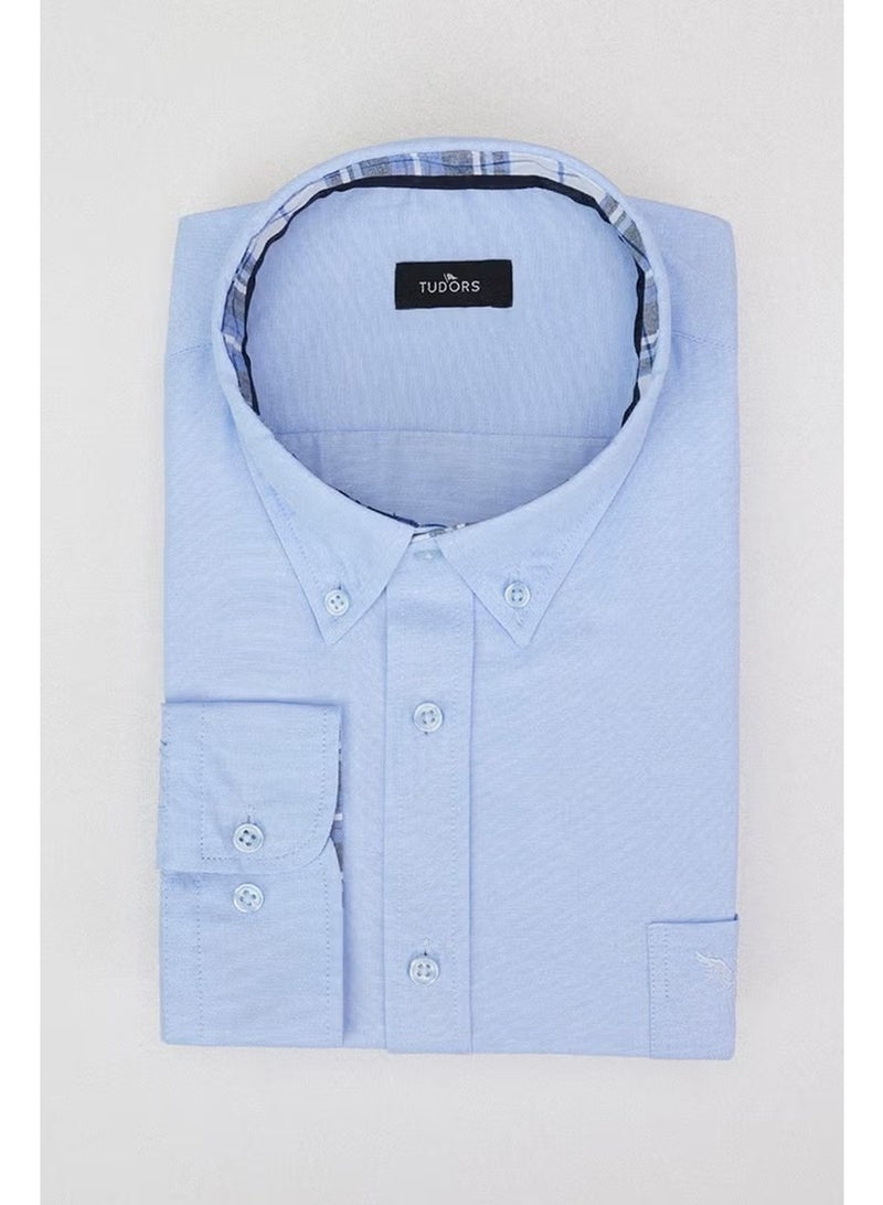 Tudors Men's Large Size Comfortable Cut Cotton Easy-Iron Button Collar Plain Blue Sports Shirt - Image 2