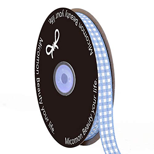 Micomon Light Blue Gingham Plaid Checked Ribbon 25 Yard Each Roll 100% Polyester (3/8", Lt.Blue) - Image 1