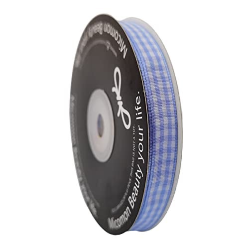 Micomon Light Blue Gingham Plaid Checked Ribbon 25 Yard Each Roll 100% Polyester (3/8", Lt.Blue) - Image 2