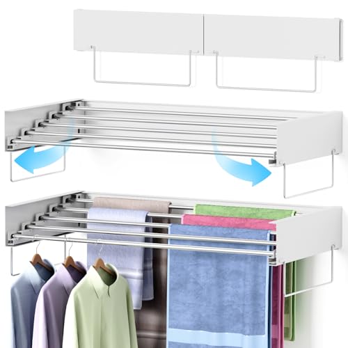 Wall Mounted Drying Rack Laundry Clothes Drying Rack Foldable Collapsible Hanger Clothing Wall Mount with 2 Towel Handles and Wall Template for Indoor Outdoor Hanging Clothes 5 Rods 315 Inch