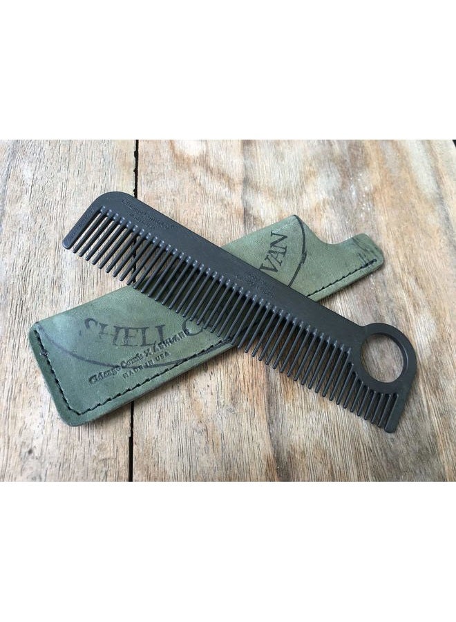 Chicago Comb Model 1 Carbon Fibre Comb + Olive Shell Cordovan Horween leather sheath, Made in USA, ultimate pocket & travel comb, ultra smooth strong & light, anti-static, premium American leather - Image 2