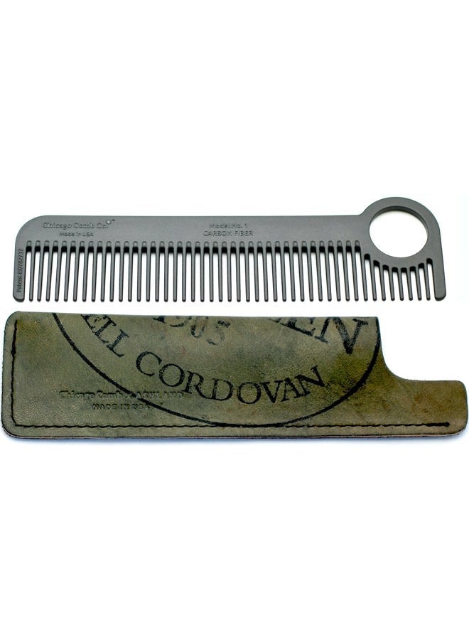 Chicago Comb Model 1 Carbon Fibre Comb + Olive Shell Cordovan Horween leather sheath, Made in USA, ultimate pocket & travel comb, ultra smooth strong & light, anti-static, premium American leather - Image 1