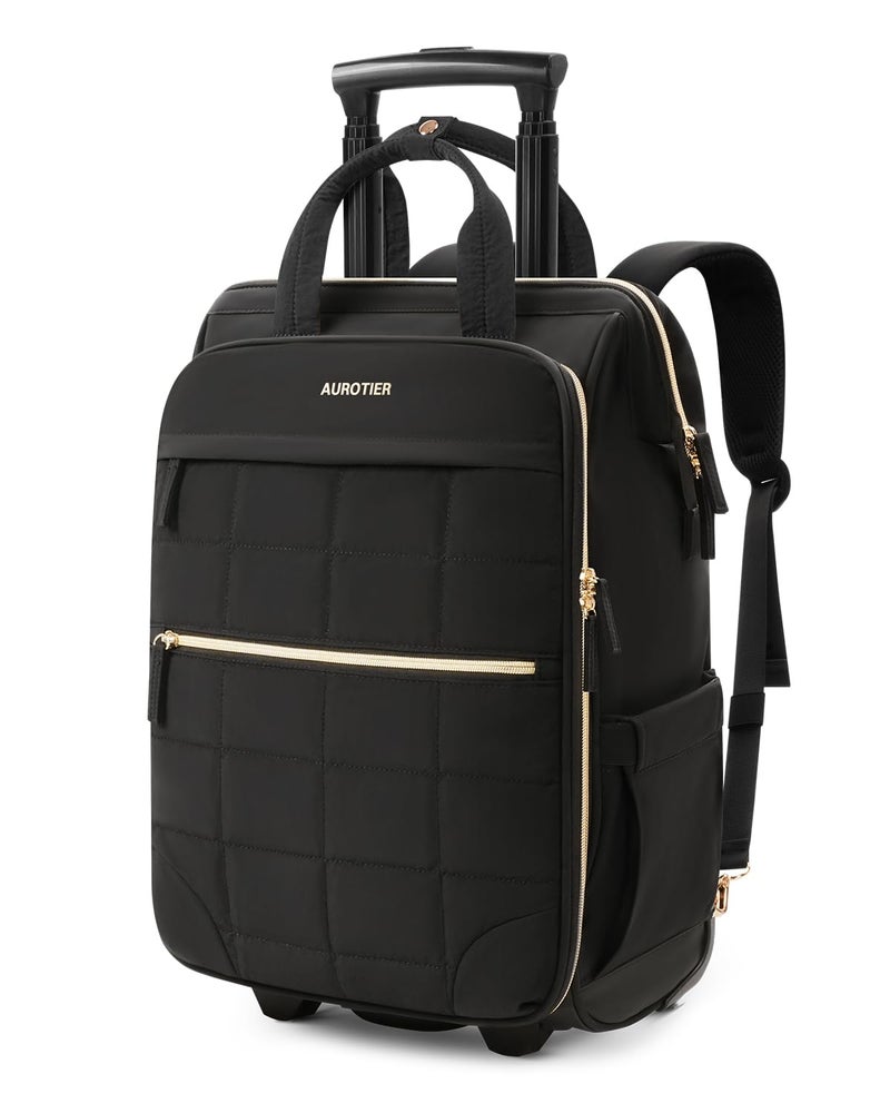 AUROTIER Rolling Puffer Backpack for Women, Wheeled Laptop Backpack, Short-Term Travel Backpack with Wheels, Roller Adults Work Computer Bag, Water Resistant Overnight College Underseat Carry on Luggage, Black - Image 1