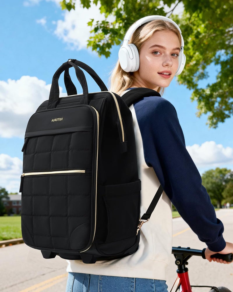 AUROTIER Rolling Puffer Backpack for Women, Wheeled Laptop Backpack, Short-Term Travel Backpack with Wheels, Roller Adults Work Computer Bag, Water Resistant Overnight College Underseat Carry on Luggage, Black - Image 2