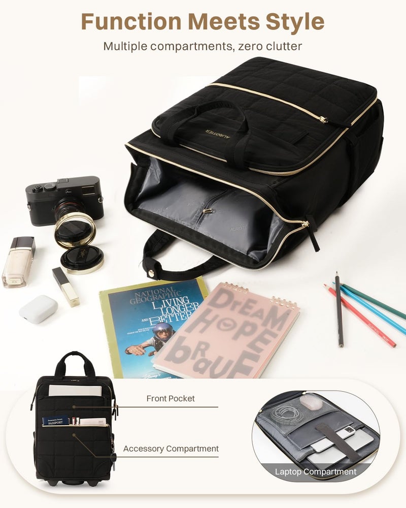 AUROTIER Rolling Puffer Backpack for Women, Wheeled Laptop Backpack, Short-Term Travel Backpack with Wheels, Roller Adults Work Computer Bag, Water Resistant Overnight College Underseat Carry on Luggage, Black - Image 3