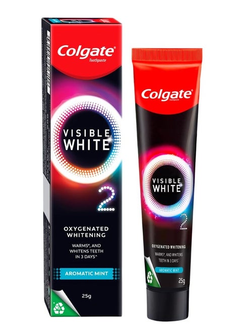 Visible White O2, Teeth Whitening Toothpaste (25g) for noticeably whiter teeth starting in 3 days. Aromatic Mint with Active Technology, Enamel Safe Teeth Whitening & Fresh Breath