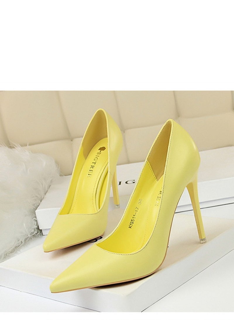 BIGTREE 10.5 سم كعب رفيع بسيط موضة مع سطح لامع جلد لامع فم ضحل رأس مدبب كعب رفيع للنساء أصفر - Image 1