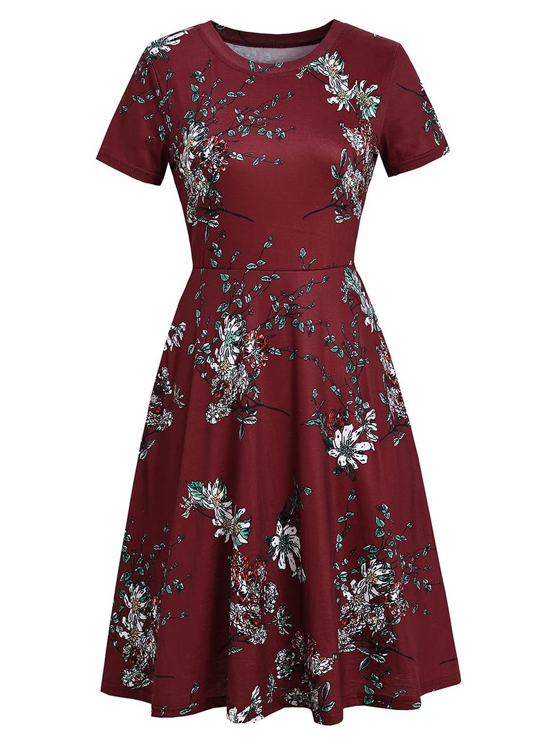 HELYO Women's Elegant Vintage 50s Office Casual Floral Print Work Party A-Line Swing Dress with Pockets 162 (M, Burgundy Floral) - Image 3