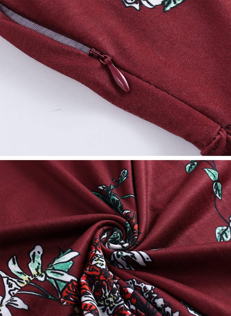 HELYO Women's Elegant Vintage 50s Office Casual Floral Print Work Party A-Line Swing Dress with Pockets 162 (M, Burgundy Floral) - Image 5