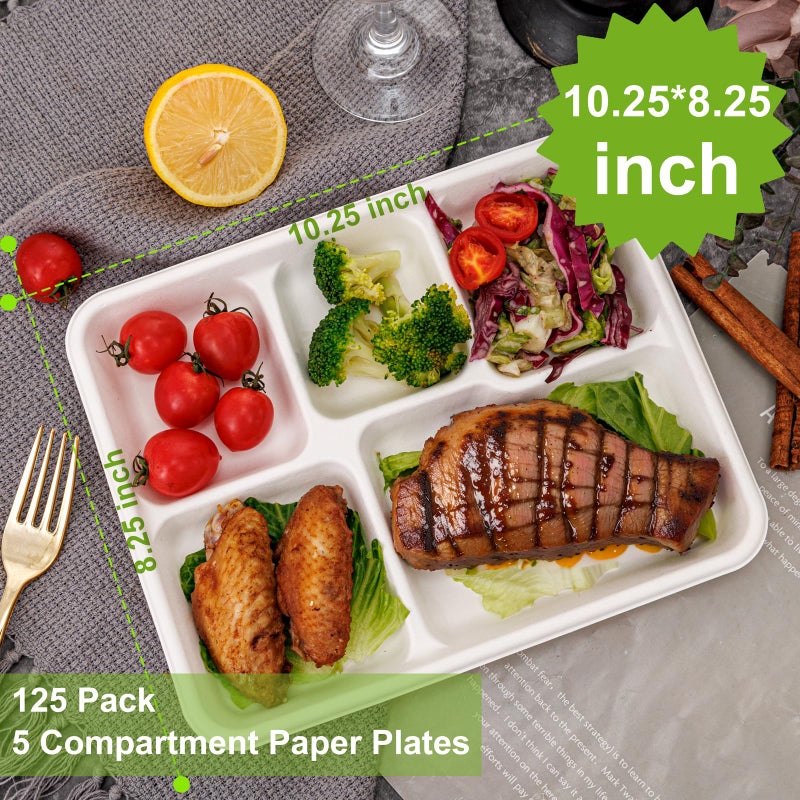 WELLIFE 100% Compostable 5 Compartment Paper Plates  10.25 * 8.25 Inch 125 Pack Heavy Duty Divided Disposable School Lunch Trays  Eco-Friendly Bagasse Plates for Boys  Girls and Youth (BPA Free) - Image 1