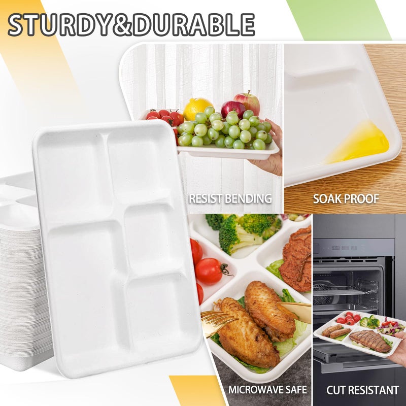 WELLIFE 100% Compostable 5 Compartment Paper Plates  10.25 * 8.25 Inch 125 Pack Heavy Duty Divided Disposable School Lunch Trays  Eco-Friendly Bagasse Plates for Boys  Girls and Youth (BPA Free) - Image 3