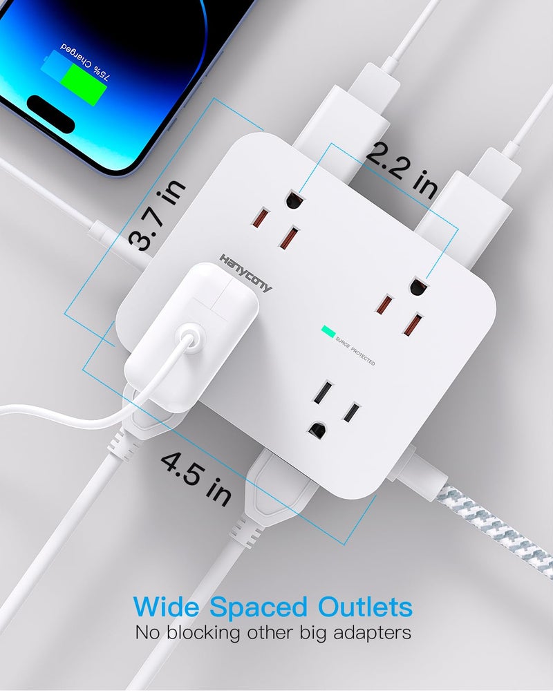 HANYCONY 10 Ft Surge Protector Power Strip, HANYCONY Extension Cord with 8 AC Outlets 4 USB (2 USB C) Ports, Flat Plug, Wall Mount Desk USB Charging Station for Home - Image 4