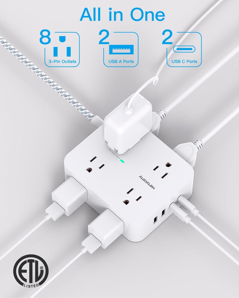 HANYCONY 10 Ft Surge Protector Power Strip, HANYCONY Extension Cord with 8 AC Outlets 4 USB (2 USB C) Ports, Flat Plug, Wall Mount Desk USB Charging Station for Home - Image 2