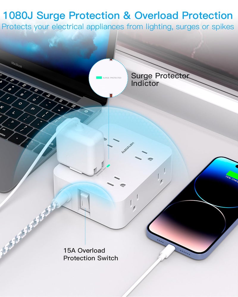 HANYCONY 10 Ft Surge Protector Power Strip, HANYCONY Extension Cord with 8 AC Outlets 4 USB (2 USB C) Ports, Flat Plug, Wall Mount Desk USB Charging Station for Home - Image 3