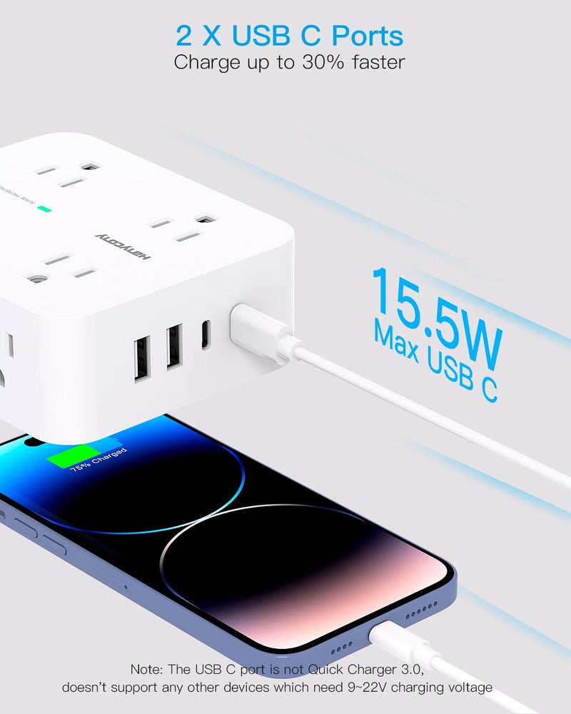 HANYCONY 10 Ft Surge Protector Power Strip, HANYCONY Extension Cord with 8 AC Outlets 4 USB (2 USB C) Ports, Flat Plug, Wall Mount Desk USB Charging Station for Home - Image 5