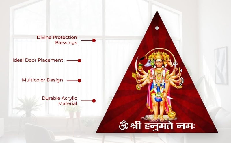 Karigaari India Panchmukhi Hanuman Wall Sticker for Main Door 4.5 Inch Acrylic Triangle Spiritual Vastu Protection Symbol Om Shri Hanumate Namah Wall Hanging for Home & Pooja Room - Image 3