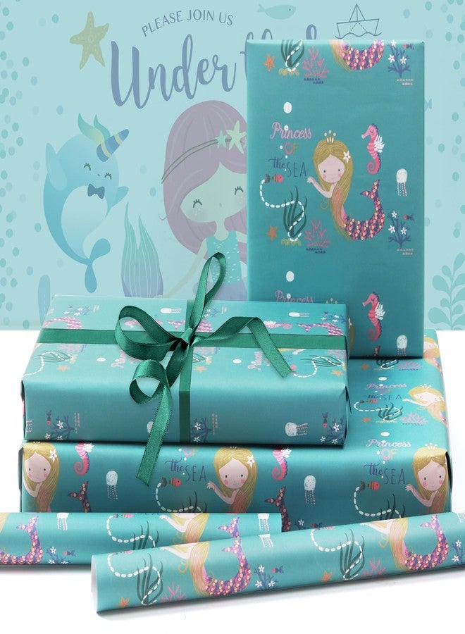 NEPOG Mermaid Wrapping Papers, Princess of the Sea Little Mermaid design 6 Sheets Folded Flat 20x28 inches per Sheet with Emerald Green Ribbon, Gift Tag and Greeting Card for Birthday Party Baby Shower - Image 3