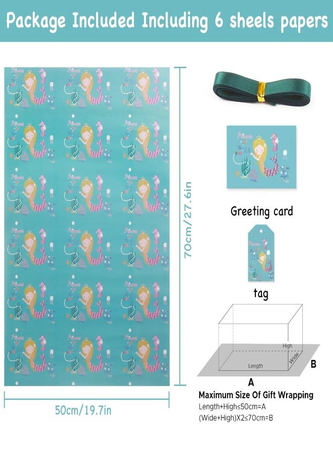 NEPOG Mermaid Wrapping Papers, Princess of the Sea Little Mermaid design 6 Sheets Folded Flat 20x28 inches per Sheet with Emerald Green Ribbon, Gift Tag and Greeting Card for Birthday Party Baby Shower - Image 2