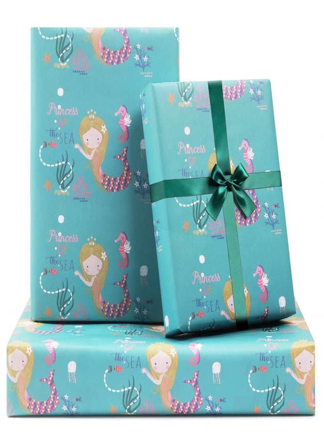 NEPOG Mermaid Wrapping Papers, Princess of the Sea Little Mermaid design 6 Sheets Folded Flat 20x28 inches per Sheet with Emerald Green Ribbon, Gift Tag and Greeting Card for Birthday Party Baby Shower - Image 1