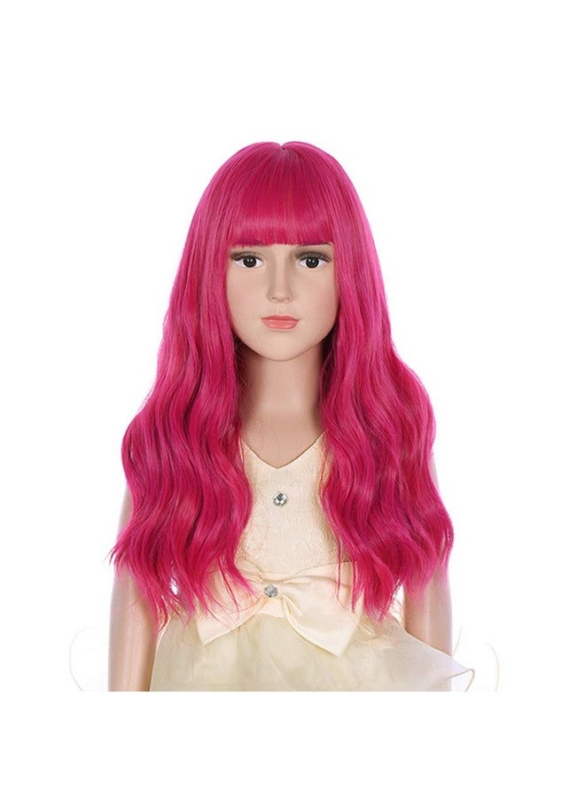 DUDUWIG 20Inch Long Curly Hot Pink Wig With Bangs Hallween Party Wigs For Kid Girs (Hot Pink) - Image 1