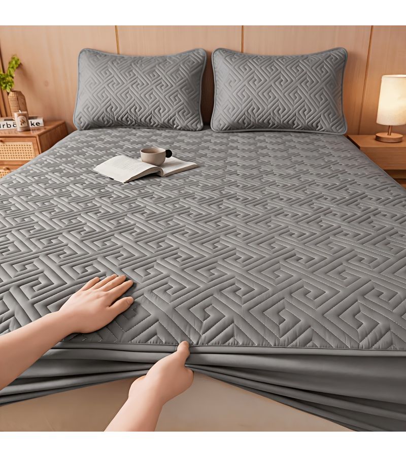 Super Soft Silvery Grey Solid Color Fitted Sheet Set 3 Piece Fitted Sheet Embroidery Bed Cover Breathable Thick Mattress Protector With 2 Pillowcases For Bedroom - Image 4