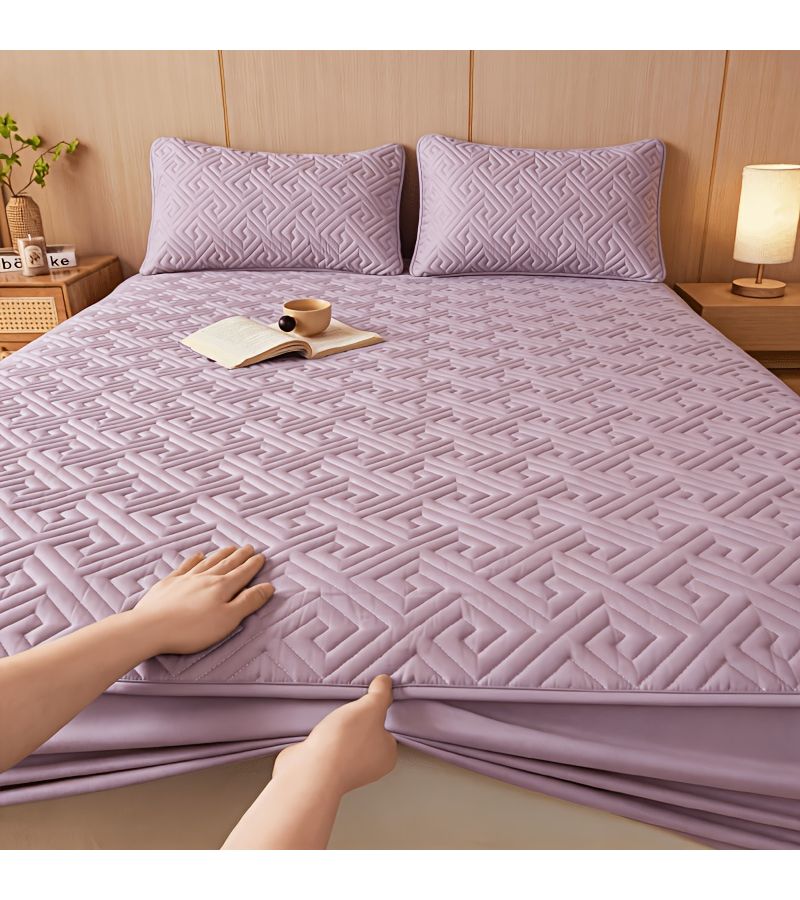 Super Soft Silvery Grey Solid Color Fitted Sheet Set 3 Piece Fitted Sheet Embroidery Bed Cover Breathable Thick Mattress Protector With 2 Pillowcases For Bedroom - Image 1