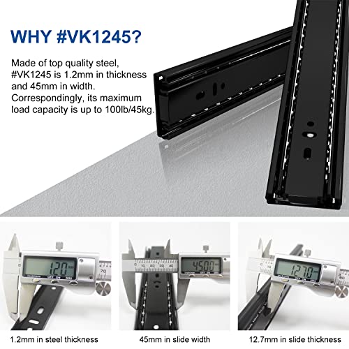 VADANIA 22" Soft Close Drawer Slide, #VK1245, 3-Fold Full Extension, Self Silent Closing, Heavy Duty 100lb Load Capacity, Ball Bearing, Side Mount, Black, 1-Pair - Image 3