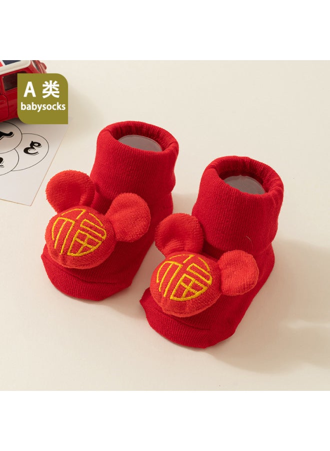 Newborn Infants And Young Children Spring And Autumn New Products Red Dotted Anti-slip Baby 100-day Full Moon Loose Floor Socks